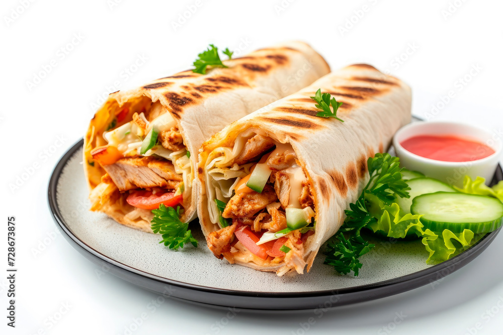 chicken shawarma wrap burrito isolated on white background