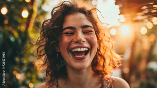Close-up portrait of a cheerful young woman with sun-kissed curly hair and a bright smile