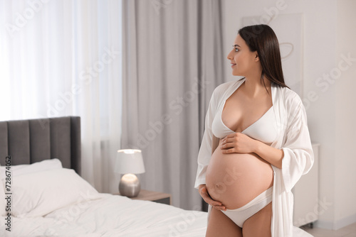 Beautiful pregnant woman wearing stylish comfortable underwear and robe in bedroom, space for text Free Download Beautiful pregnant woman wearing stylish comfortable underwear and robe in bedroom, space for text - GFXLoad