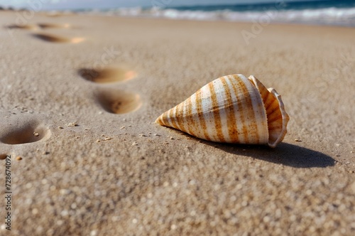 A large seashell sits on the sand, with footprints in the sand leading towards it the ocean is visible at the top of sand dunes on the beach