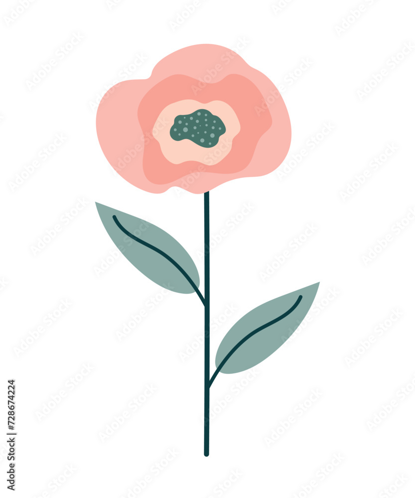 Pink blossoming flower in boho style. Spring Plants, Botany and Nature. Herbarium for decoration. Cartoon flower, isolated on a white background. Vector illustration. Pink blossoming flower in boho style. Spring Plants, Botany and Nature. Herbarium for decoration. Cartoon flower, isolated on a white background. Vector illustration.
