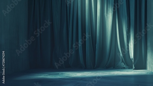 blue curtains in a dark room Generative AI