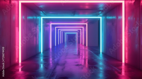 Square tunnel or corridor colorful neon glowing lights. Laser lines and LED technology create glow in dark room. copy space  wallpaper  mockup.