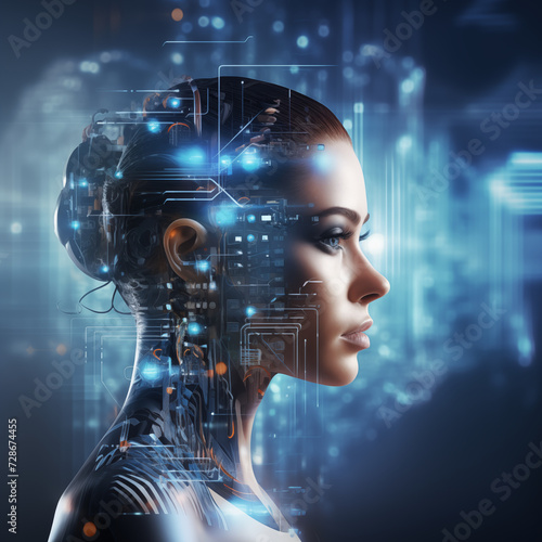 Digital Brain Network  A futuristic image combining technology  internet  and business concepts  featuring a woman surrounded by 3D gears  code  and a virtual background  symbolizing global connectivi
