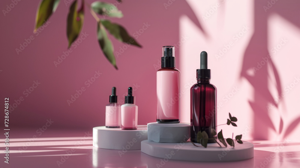 neutral-toned skincare bottles on a circular stone platform with delicate dried flowers in a vase, casting soft shadows in a bright, airy setting. neutral-toned skincare bottles on a circular stone platform with delicate dried flowers in a vase, casting soft shadows in a bright, airy setting.