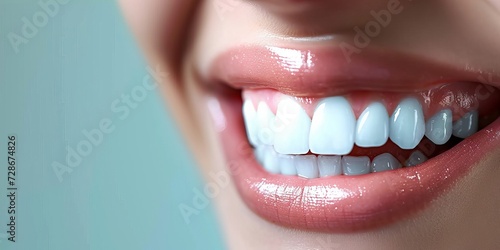 Teeth whitening with crown, perfect smile, dental care and copyspace, Generative AI