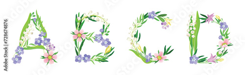 Flower Alphabet with Blooming Meadow Flora Uppercase Letter Vector Set