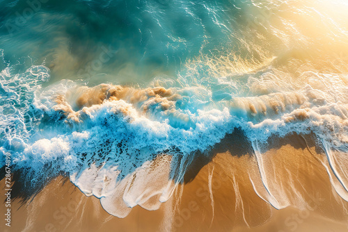 clean and pure empty nature background with copy space for your advertising and product presentation abstract turquoise water wave with sunlight on white sand beach from above,