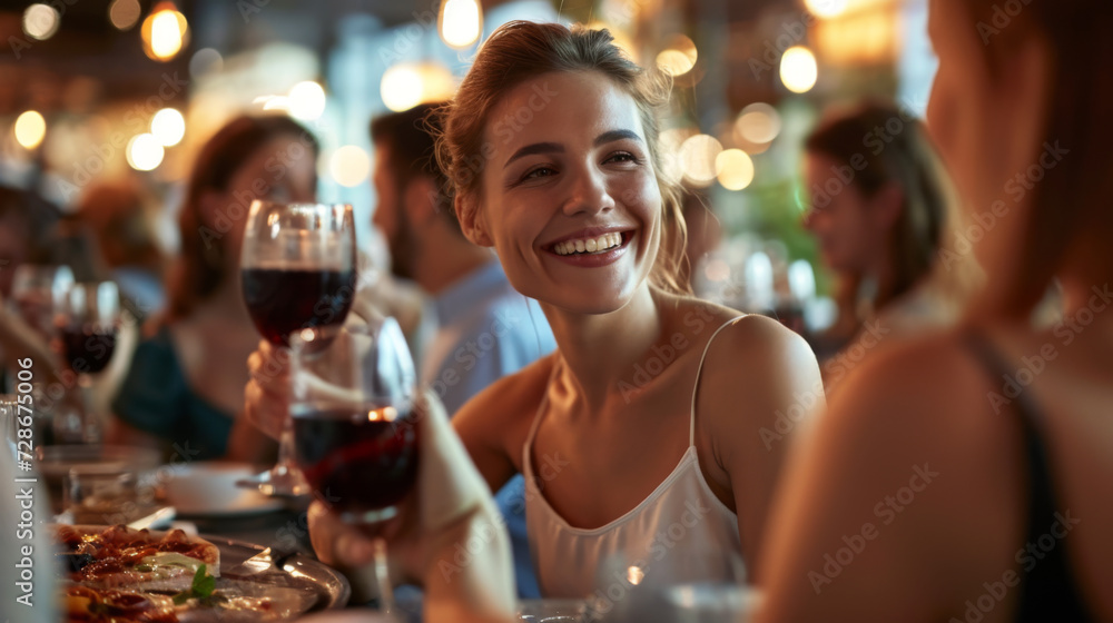 group of friends is enjoying a meal together in a warm, festive setting, with a focus on a smiling woman raising a glass of wine in a toast.