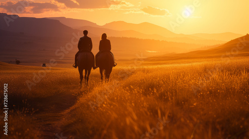 Two riders riding in the sunset of beautiful landscape