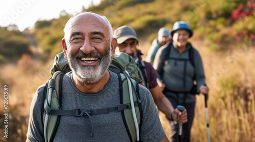 cheerful older man with a beard leads a group of fellow hikers on a sunny trail, all wearing backpacks and outdoor gear.