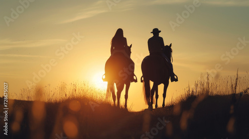 Two riders riding in the sunset of beautiful landscape