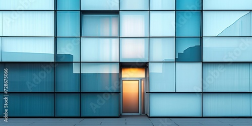 Close up of modern architecture in an industrial or office building with a metal wall glass door and a hi tech geometric steel structure featuring rectangles and parallel lines, Generative AI