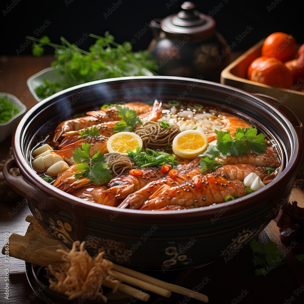 Traditional Korean dish bibimbap or bowl in a black bowl on a wooden tray.
Concept: restaurant menus as well as culinary blogs, recipes and thematic culinary magazines and a variety of Asian cuisine.