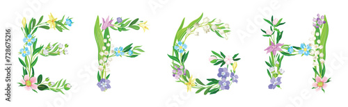 Flower Alphabet with Blooming Meadow Flora Uppercase Letter Vector Set