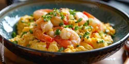 Hong Kong and Cantonese cuisine, scrambled eggs with shrimp, Generative AI