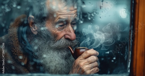 an elderly man smokes a pipe and looks out the window Generative AI