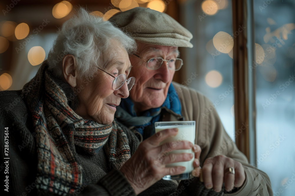 A cozy scene unfolds as a senior couple in warm sweaters enjoys a tender moment, clinking glasses of milk under the soft radiance of festive lights A cozy scene unfolds as a senior couple in warm sweaters enjoys a tender moment, clinking glasses of milk under the soft radiance of festive lights