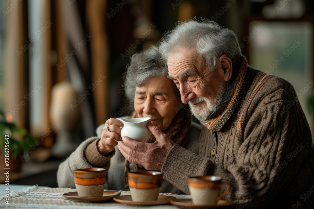 Surrounded by the gentle twinkle of festive lights, an elderly couple shares a glass of milk, their tender moment accentuated by cozy sweaters and a warm, loving atmosphere Surrounded by the gentle twinkle of festive lights, an elderly couple shares a glass of milk, their tender moment accentuated by cozy sweaters and a warm, loving atmosphere