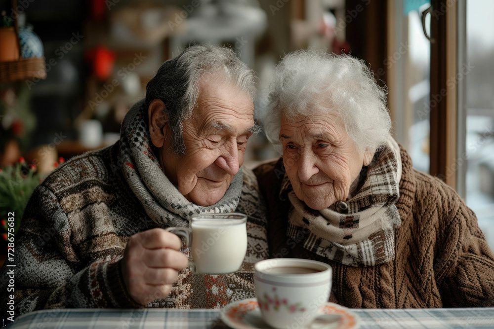 A tender moment as an elderly couple in cozy sweaters shares a glass of milk against a backdrop of warm festive lights. A tender moment as an elderly couple in cozy sweaters shares a glass of milk against a backdrop of warm festive lights.
