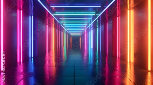 Square tunnel or corridor colorful neon glowing lights. Laser lines and LED technology create glow in dark room. copy space  wallpaper  mockup.