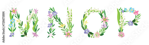 Flower Alphabet with Blooming Meadow Flora Uppercase Letter Vector Set photo