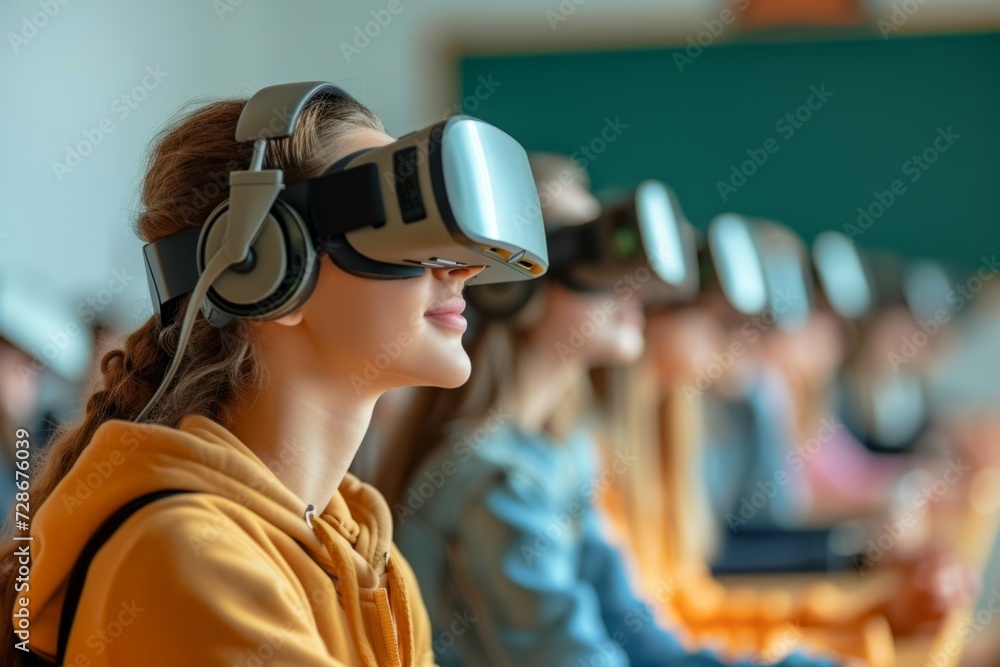 Group of  students, with a female in the foreground, are immersed in a virtual reality session in a modern technology classroom, wearing VR headsets and headphones