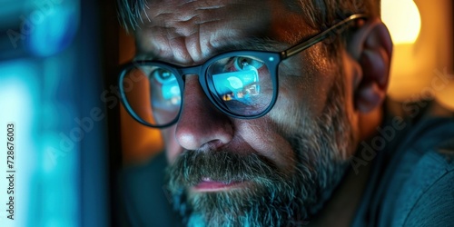 Serious man with poor eyesight is squinting at screens, whether it be a computer, laptop, phone, TV, with glasses and tired eyes. monitor light reflects on his face as he focuses on work,Generative AI