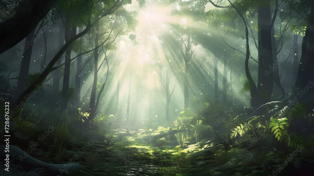 Nature's Spotlight: Beautiful Sunlight Rays in a Lush Green Forest - obrazy, fototapety, plakaty 