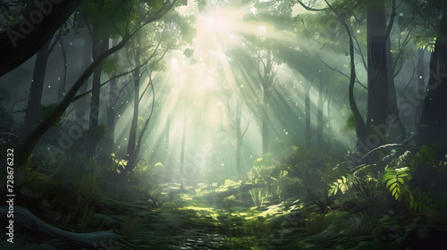 Nature's Spotlight: Beautiful Sunlight Rays in a Lush Green Forest © maikuto