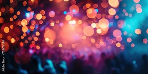 Create a blurry and defocused texture. Illuminate colored lights during a concert with artists performing amidst light and smoke, Generative AI photo