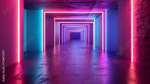 Square tunnel or corridor colorful neon glowing lights. Laser lines and LED technology create glow in dark room. copy space  wallpaper  mockup.