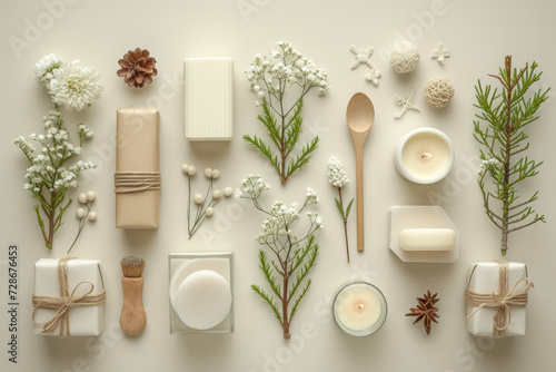Flat lay composition of natural skincare products surrounded by a variety of botanical ingredients on a neutral background.