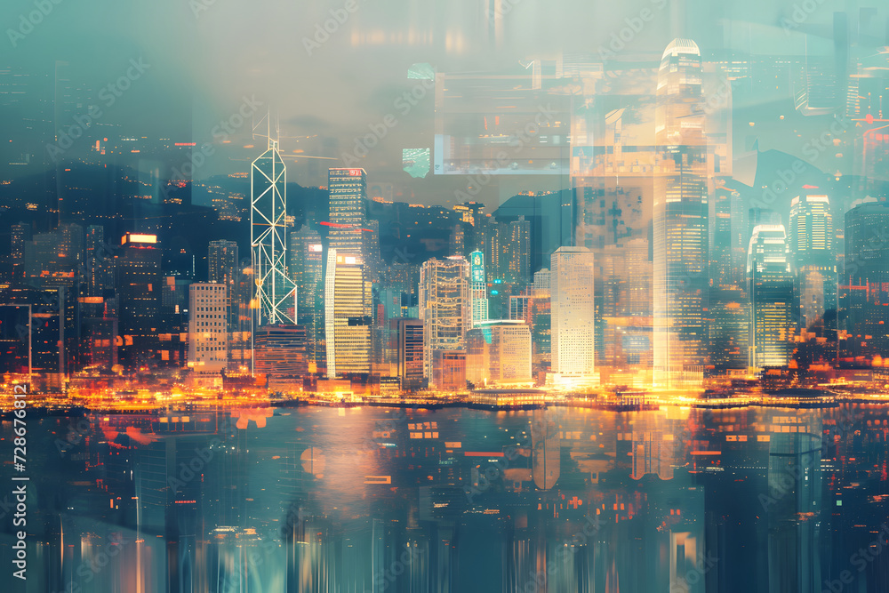 Urban Mirage: Double Exposure of Hong Kong's Night Cityscape