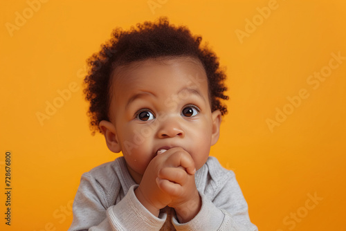 Nervous African American baby boy and biting nails in studio with oops reaction on orange background.