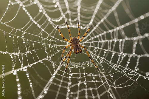 A spider sits on the center of its web which is covered in dew droplets the spider appears to be dark brown color. the background is blurred green ,spider on web