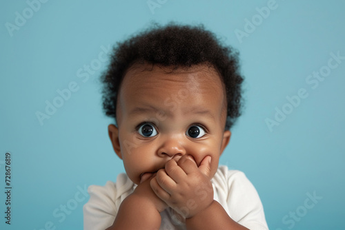 Nervous African American baby boy and biting nails in studio with oops reaction on blue background