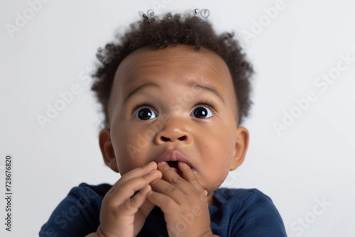 Scared African American baby boy and biting nails in studio with oops reaction on white background