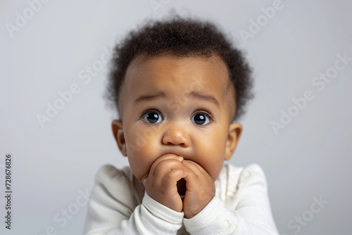 Scared African American baby boy and biting nails in studio with oops reaction on white background