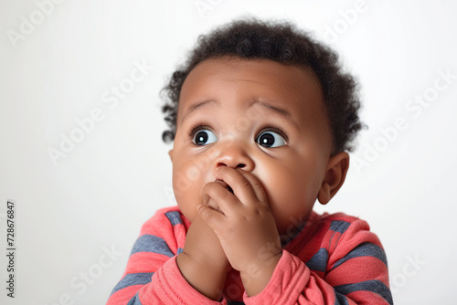 Nervous African American baby boy and biting nails in studio with oops reaction on white background