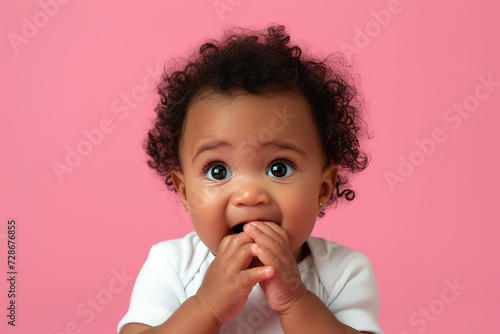 Nervous African American baby girl and biting nails in studio with oops reaction on pink background.