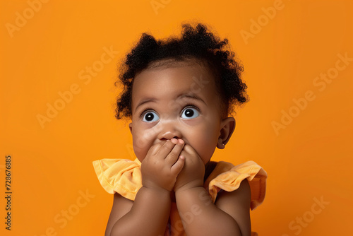 Scared African American baby girl and biting nails in studio with oops reaction on orange background.
