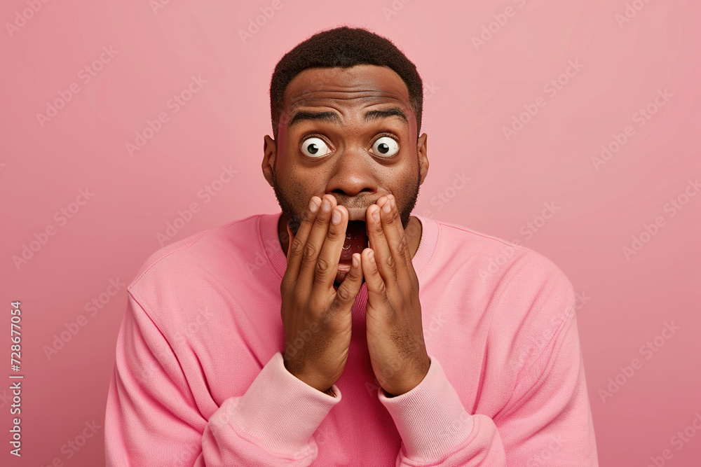 Nervous African American man and biting nails in studio with oops reaction to gossip on pink background. Mistake, sorry, fake news, drama or secret with regret, shame or awkward Nervous African American man and biting nails in studio with oops reaction to gossip on pink background. Mistake, sorry, fake news, drama or secret with regret, shame or awkward