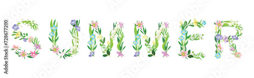 Summer Flower Word and Inscription with Blooming Meadow Flora Uppercase Letter Vector Set