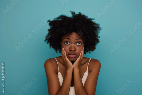 Nervous, African American woman and biting nails in studio with oops reaction to gossip on blue background. Mistake, sorry and female overwhelmed by fake news, drama or secret with regret, shame 