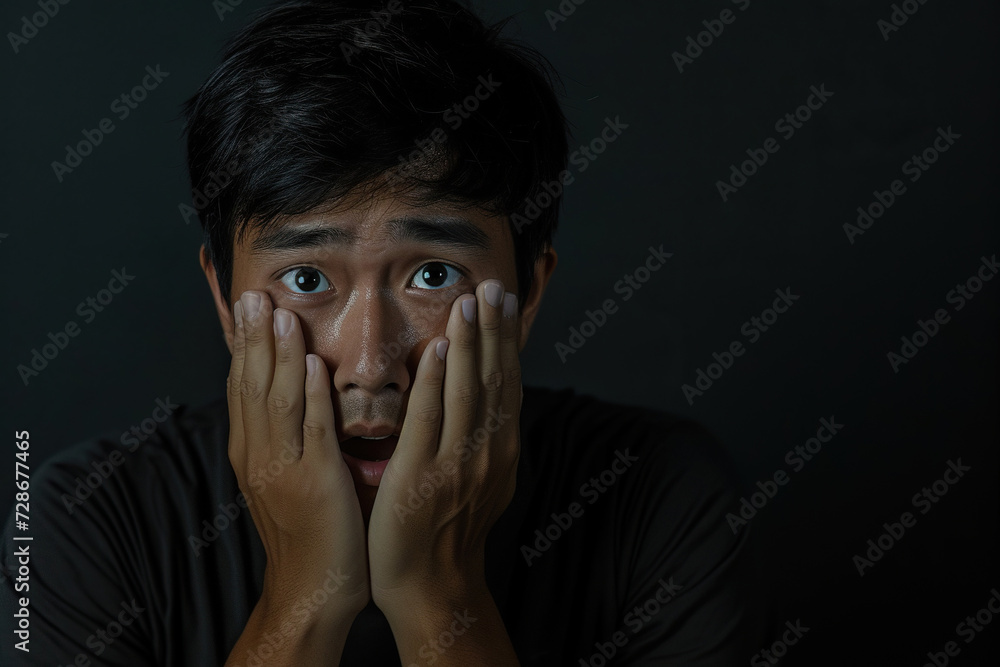 Nervous Asian man and biting nails in studio with oops reaction to gossip on black background. Mistake, sorry and male overwhelmed by fake news, drama or secret with regret, shame or awkward Nervous Asian man and biting nails in studio with oops reaction to gossip on black background. Mistake, sorry and male overwhelmed by fake news, drama or secret with regret, shame or awkward