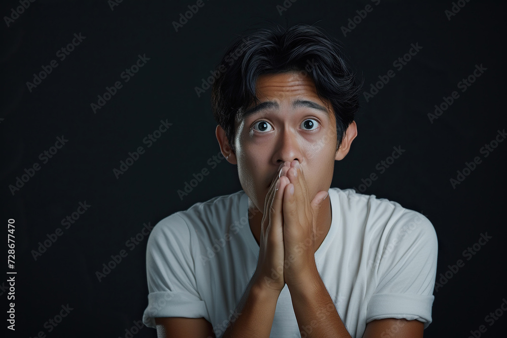 Nervous Asian man and biting nails in studio with oops reaction to gossip on black background. Mistake, sorry and male overwhelmed by fake news, drama or secret with regret, shame or awkward Nervous Asian man and biting nails in studio with oops reaction to gossip on black background. Mistake, sorry and male overwhelmed by fake news, drama or secret with regret, shame or awkward
