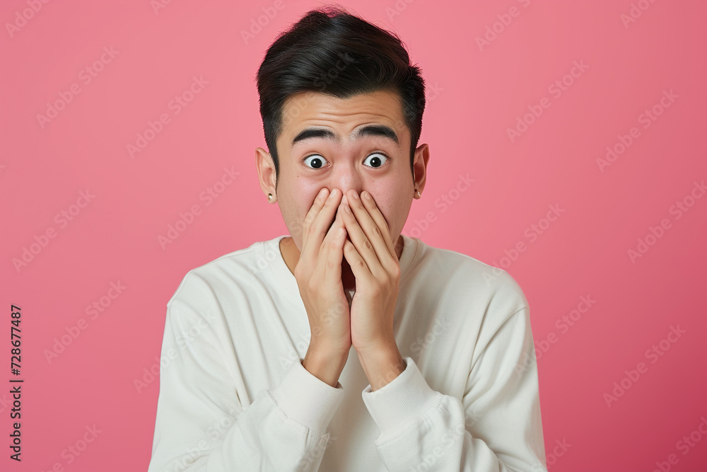 Nervous Asian man and biting nails in studio with oops reaction to gossip on pink background. Mistake, sorry and male overwhelmed by fake news, drama or secret with regret, shame or awkward Nervous Asian man and biting nails in studio with oops reaction to gossip on pink background. Mistake, sorry and male overwhelmed by fake news, drama or secret with regret, shame or awkward
