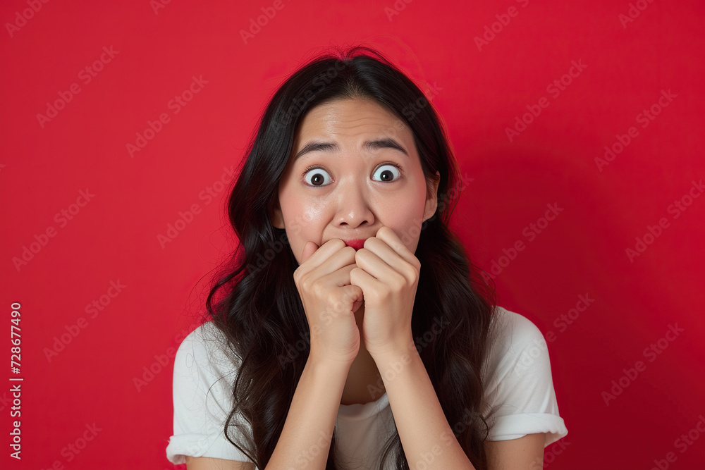Nervous, Asian woman and biting nails in studio with oops reaction to gossip on red background. Mistake, sorry and female overwhelmed by fake news, drama or secret with regret, shame or awkward Nervous, Asian woman and biting nails in studio with oops reaction to gossip on red background. Mistake, sorry and female overwhelmed by fake news, drama or secret with regret, shame or awkward