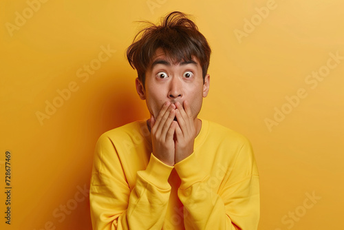 Nervous Asian man and biting nails in studio with oops reaction to gossip on Yellow background. Mistake  sorry and male overwhelmed by fake news  drama or secret with regret  shame or awkward